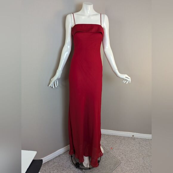 Vintage 90s Red Bias Cut Slip Dress by Jump Satin Sheer Overlay Spaghetti Strap - Picture 5 of 11